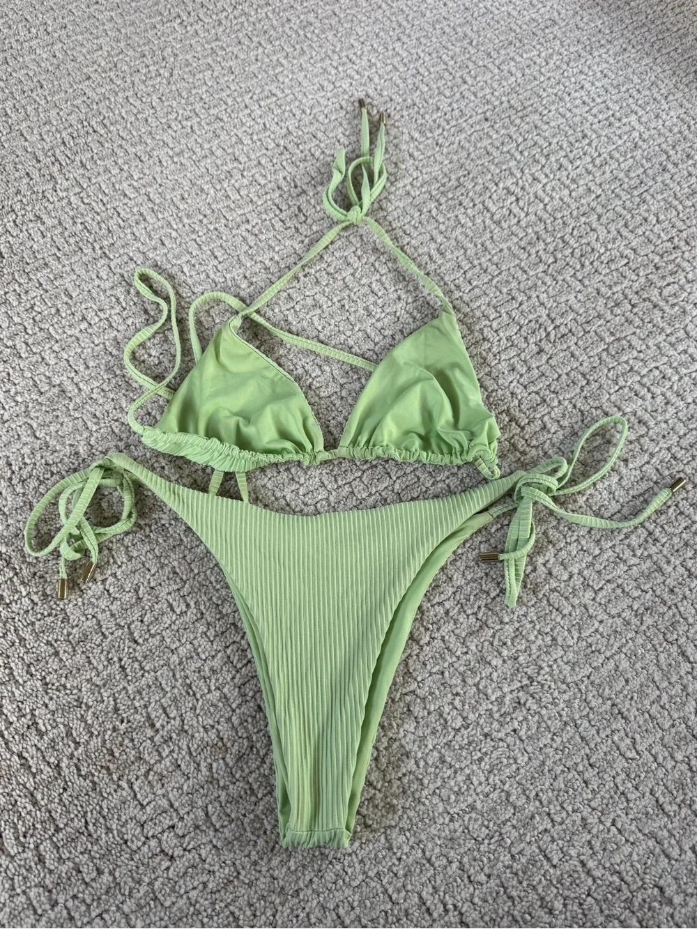 Monday Swimwear Ribbed String Bikini Set in Light Green
